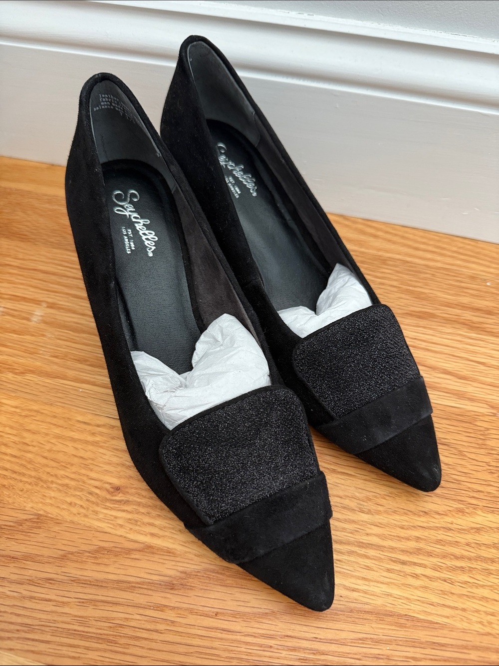 Seychelles Black Pointed Suede Loafers with Textured Vamp